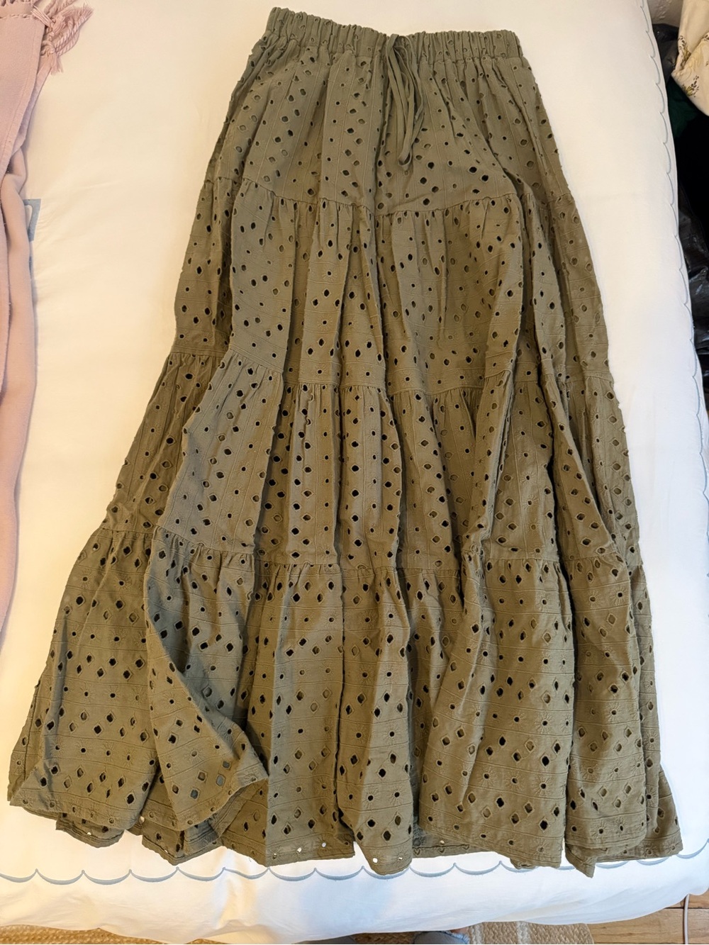 Together Olive Eyelet Tiered Maxi Skirt